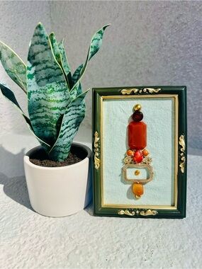 Handmade Mixed Media Geometric Wall Art in Olive Green & Gold Frame